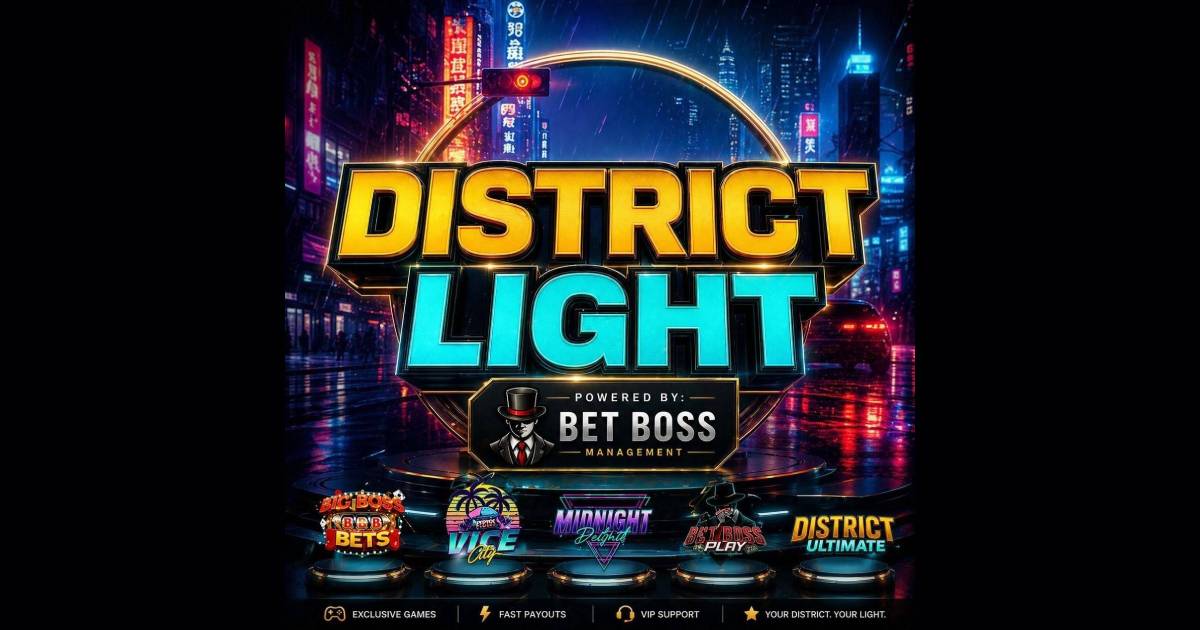 Main hero banner showing the District Light Casino neon city theme